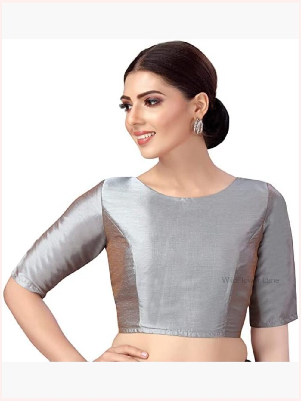 Round Neck Solid Half Sleeve Back Open Saree Blouse